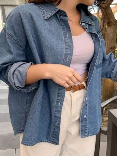 Dazy Plus Plus Size Loose Turndown Collar Long Sleeve Denim Shirt, Spring & Autumn,Jeans Jacket,Fall Women Clothes