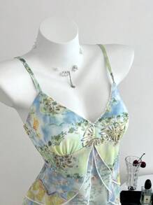 Elamini 女士花卉印花拼布荷叶边装饰吊带背心，适合度假穿着 - 綠色 - 查看 4