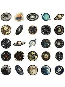 SHEIN 50张太空宇宙卡通涂鸦贴纸，包含星空、行星、宇航员空间站、月球火箭等图案，防水，适用于行李箱、笔记本电脑等，圣诞装饰 - 彩色 - 查看 5