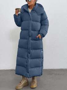 EURMUSE Keep Warm Feature, Maxi Lenght, Side Popper Detailed Puffer Winter Coat - Blue - View 4