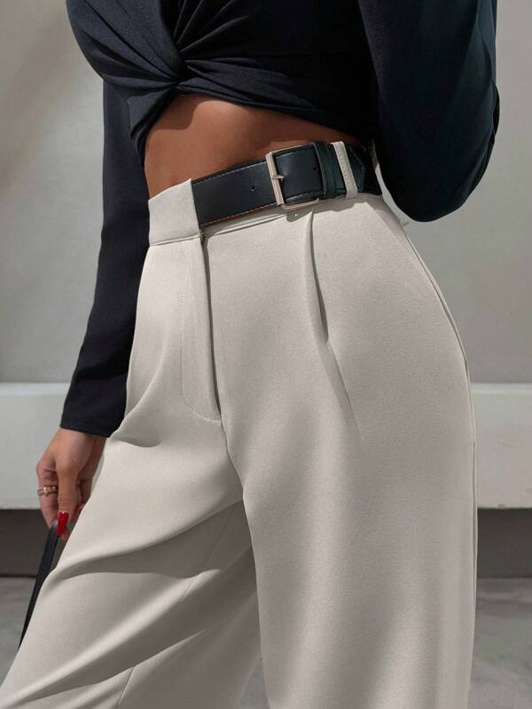 SHEIN Pantalone dritto con dettagli in finta pelle, stile elegante