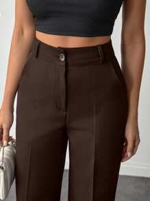 EURMUSE Women Solid Color Slant Pocket Wide Leg Pants - Brown - View 5