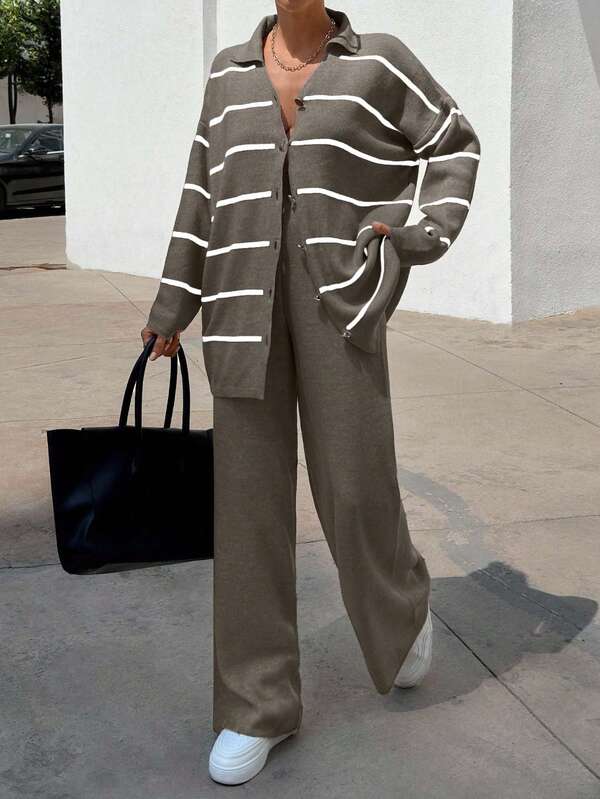 EURMUSE Women Striped Sweater Cardigan And Pant Set,Co Ord,Winter Clothes