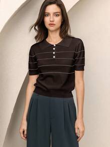 BizChic 2025 秋冬黑色 Polo 领半拉链单排扣撞色纽扣条纹针织毛衣上衣，优雅现代，适合商务、休闲、办公室、约会、派对、婚礼嘉宾、生日、万圣节、圣诞节 - 紫色 - 查看 8