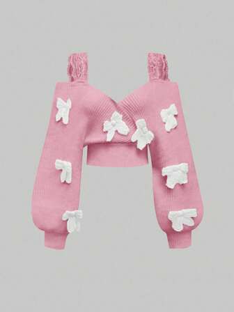 Kawaii French Casual Sexy Lace Strap Deep V Off-Shoulder Bowknot Pullover Sweater