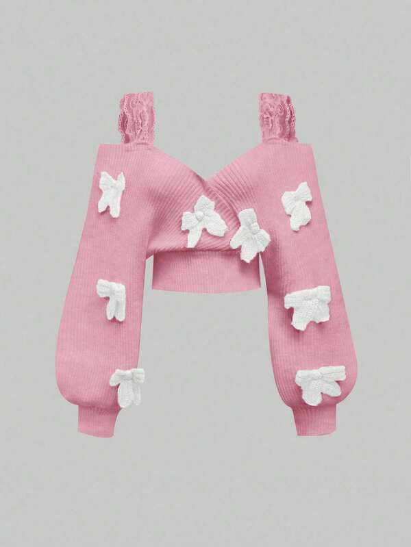 ROMWE Kawaii French Casual Sexy Lace Strap Deep V Off-Shoulder Bowknot Pullover Sweater