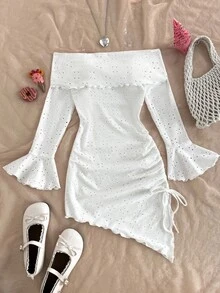 SHEIN Tween Mädchen Kleid, figurbetont, Lässig, minimalistisch, bequem, mit asymmetrischem Saum und Schulterausschnitt, Langarm