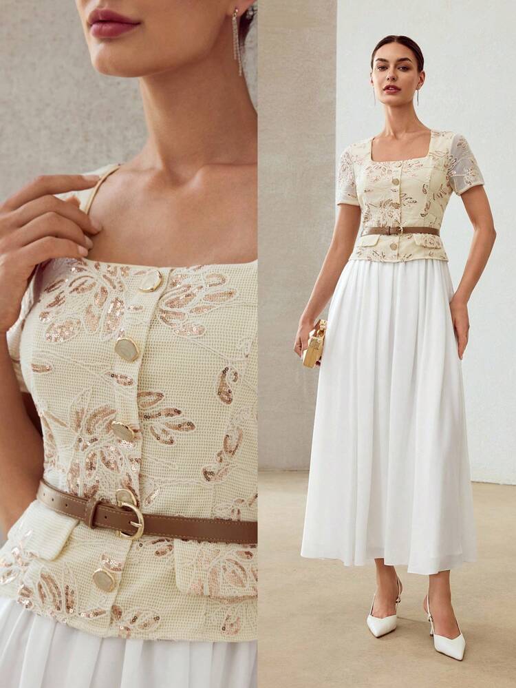 CONTRAST SEQUIN EMBROIDERY FLOWY DRESS