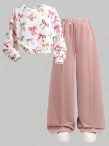 SHEIN 青少年女孩休闲宽松舒适圆领蝴蝶结装饰上衣和裤子套装 - 粉色 - 查看 5