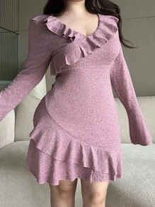 Flirla Plus Size V-Neck Ruffle Hem Bodycon Knit Dress, New Autumn Collection Fall Cloth For Women