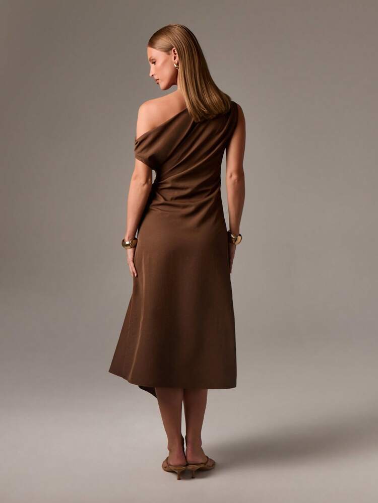 AiiRZ Vestido midi elegante de un solo hombro con diseño drapeado, cintura fruncida, detalles en dorado para ocasiones especiales y eventos, sofisticado y clásico