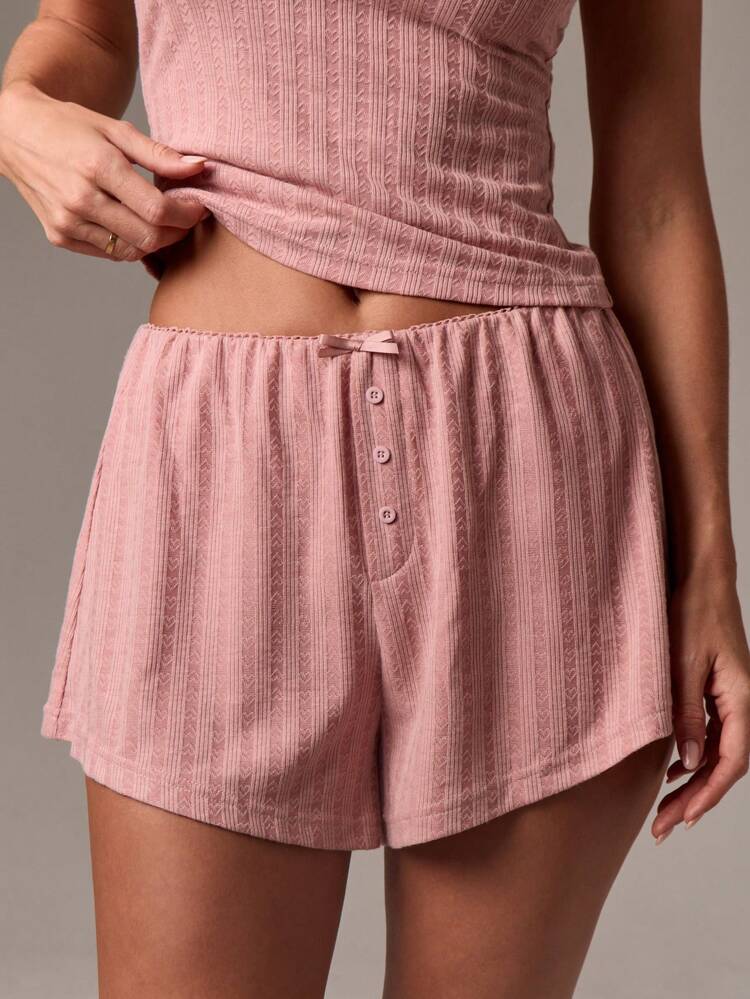Pointelle-Strickshorts mit Knopfleiste vorn und Schleifendetail