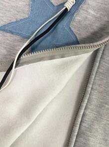 INAWLY 星星贴花保暖内衬连帽衫，秋冬休闲装 - 灰色 - 查看 6