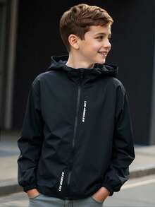 SHEIN Boys Casual Everyday Versatile Comfortable Letter Graphic Print Hoodie Jacket, Lightweight Loose Fit For Tweens Suitable For Birthday Parties, Evening Parties, Performances, Weddings, Baptisms, Opening Ceremonies Daily Suitable For Daily Use Suitable For School Suitable For Travel Suitable For Sports Suitable For Autumn And Winter Black Jacket Zipper Kids Kids Hooded Jacket Boys Zip Up Jacket Kids Zip Up Jacket Boys Black Jacket Fall - Black - View 8