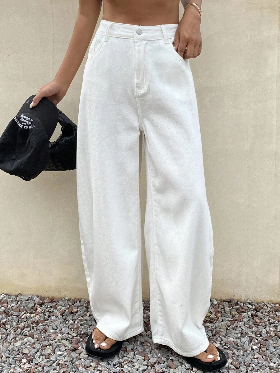 DAZY Vintage Loose Street Washed Distressed Wide Leg Women Jeans - White - View 1