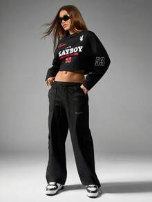 Missguided x Playboy Utility Cargo Wide Leg Pants Streetwear Fashion Drawstring Relaxed Fit Y2K Aesthetic Cuffed Trousers Winter Fall Everyday Essential - Black - View 3