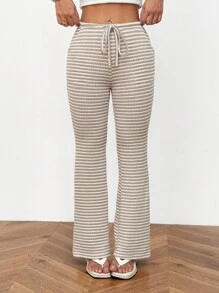 SHEIN PETITE 女式休闲通勤条纹喇叭裤 - 棕色 - 查看 3