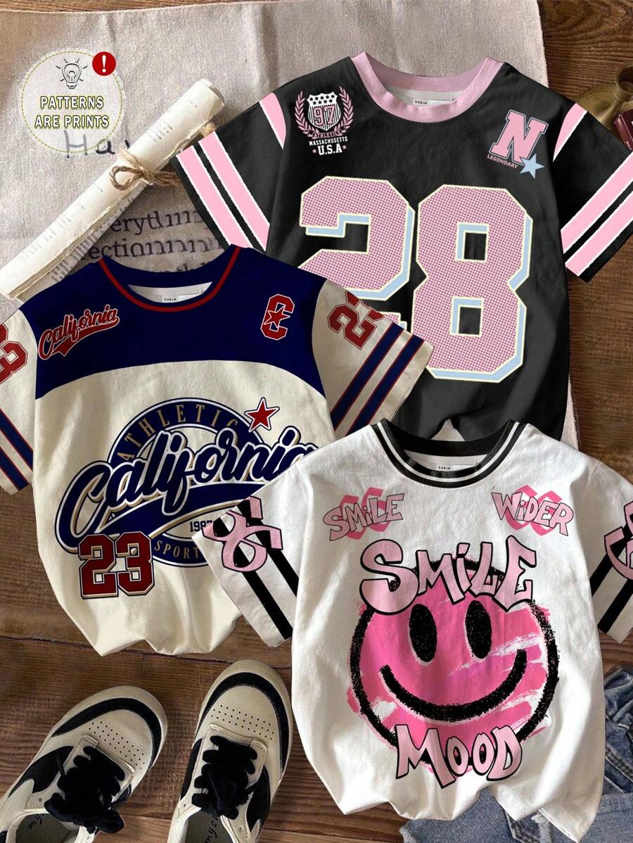3 件套青少年女孩休闲时尚运动针织上衣，加州 23 图案、28 数字、66 脸字母印花，返校短袖圆领 T 恤服装，适合夏季和秋季 - 彩色 - 查看 1