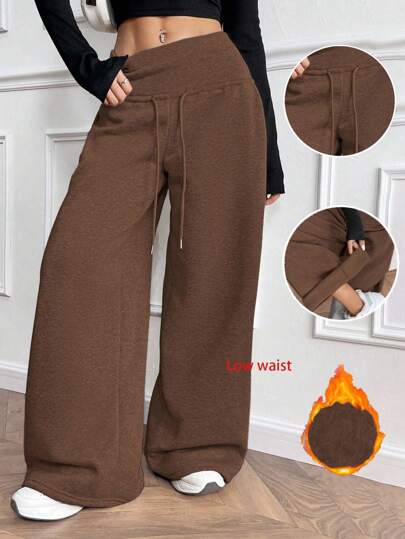 Zielony Grey Knit Thermal Lined Drawstring Waist Straight Leg Loose Pants, Relaxed Fit Winter Trousers Graduation,Back To School Outfits,Graduation,Teacher Outfits For Women,Back To School Fall Cloth For Women