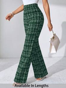 SHEIN Tall CURVE Quần dệt kim co giãn in họa tiết kẻ caro thanh lịch cỡ lớn mùa hè dành cho nữ, phù hợp với nhiều dịp khác nhau, phù hợp cho kỳ nghỉ hè, du lịch thanh lịch và đi làm hàng ngày - Màu xanh lá cây đậm - Xem 1