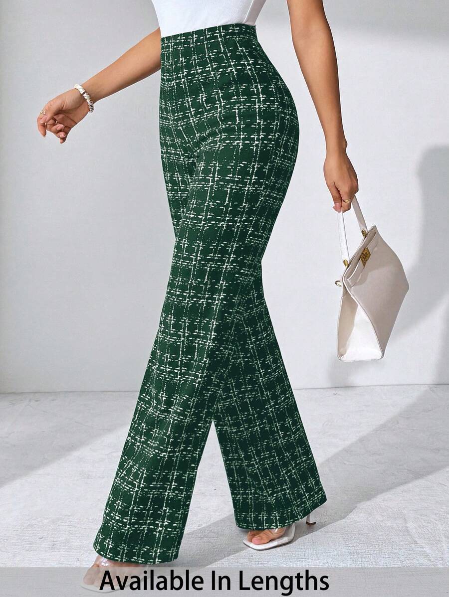 SHEIN Tall CURVE Quần dệt kim co giãn in họa tiết kẻ caro thanh lịch cỡ lớn mùa hè dành cho nữ, phù hợp với nhiều dịp khác nhau, phù hợp cho kỳ nghỉ hè, du lịch thanh lịch và đi làm hàng ngày - Màu xanh lá cây đậm - Xem 1