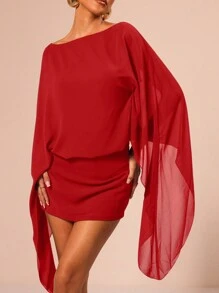 MUSERA Boat Neck Sleeve Mini Dress Vacation Summer Draped Slouch Boho Elegant Holiday Cute Sexy Vacation Ibiza Festival Rave Concert  Party    Summer Outfit Valentines Day - Red - View 4