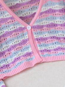 Tween Girls' Cute Colorblock Cardigan Pink Stripe,Autumn,Holiday,Back-To-School Wave Pattern Hollow-Knit Flared Sleeve Sheer Cropped Sweater Cover-Up - Multicolor - View 4