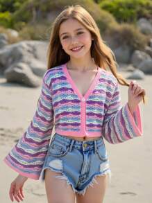 Tween Girls' Cute Colorblock Cardigan Pink Stripe,Autumn,Holiday,Back-To-School Wave Pattern Hollow-Knit Flared Sleeve Sheer Cropped Sweater Cover-Up - Multicolor - View 8