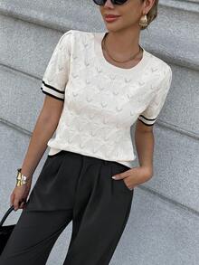 Pariaura Women's Striped Round Neck Casual Loose Short Sleeve Knit Top - Apricot - View 1