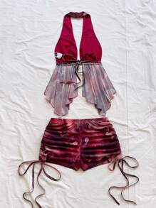 Soleia 全新休闲度假西部海滩婚礼宾客服装毕业早午餐女装圣帕特里克节春假复活节音乐节优雅波西米亚热带露背针织不对称印花系带露背上衣和短裤套装 - 乾枯玫瑰色 - 查看 2