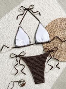 Swim Vcay Swimsuits For Woman Summer Beach Mono Bikini Set Smocked Micro Triangle Bra & Tie Side Bottom 2 Pieces Bikini - Coffee Brown - View 2