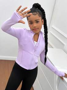 SHEIN Tween 女童轻便拉链夹克，透气运动外套，适合跑步、健身、瑜伽等所有季节穿着 - 淡紫色 - 查看 4