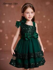 Young Girl Elegant Mesh Sequin Princess Dress,Christmas Dress Fall Winter - Dark Green - View 5