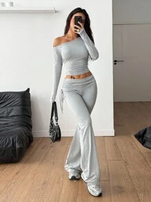 Coolane 2 件套女士灰色针织不对称领上衣和喇叭裤套装 - 灰色 - 查看 5