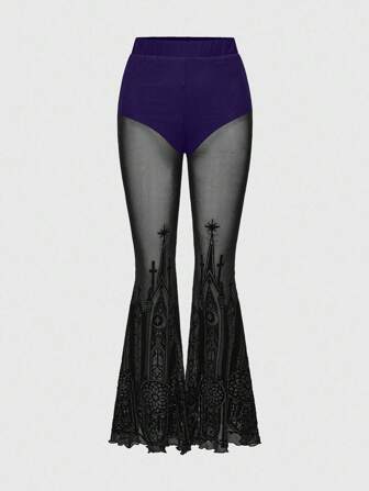 Goth Pantaloni a zampa da donna in stile gotico retrò con stampa floccata di