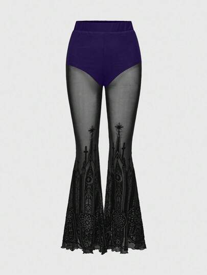 Goth Pantaloni a zampa da donna in stile gotico retrò con stampa floccata di