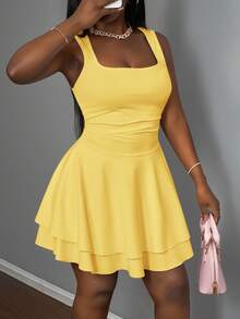 Slaydiva 2025 Spring/Summer New Casual Vacation Romantic Basic Street Everyday Sexy Elegant Commute Party Nightclub Club Pure White Sleeveless Layered Mini Dress, Women Plus Size