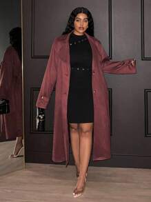 Veslaya Abrigo de ante sintético elegante y formal de color plata para mujer de talla grande, otoño 2025, nuevo invierno, casual de oficina, liso, con solapa grande, cintura ceñida, manga larga, personalizado Siren - Marrón - Ver 3