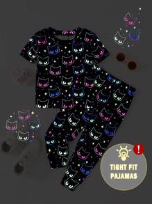SHEIN 2pcs/Set Young Girls Glowmode Glow-In-The-Dark Cartoon Cat Print T-Shirt Leggings Snug Fit Pajamas Black Summer Fairy Family Matching Sleepwear Set - Black - View 2