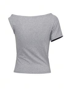 DAZY 女士简约纯色前系带斜肩T恤，夏季 - 灰色 - 查看 8