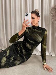 Lavishia Váy ôm dài tay cổ lọ họa tiết trừu tượng màu đen và cà phê dành cho nữ - xanh quân đội - Xem 8