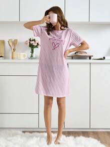 SHEIN Women Striped With Round Neck Cute Lettered&Heart Print Short Sleeved Pajama Night Dress Women Sleepwear Dress Night Dress Sleepwear Women Pajama Dress Short Nightgown Womens Nightdress