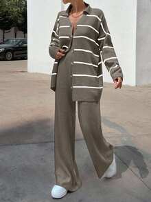 EURMUSE Women Striped Sweater Cardigan And Pant Set,Co Ord,Winter Clothes - Mocha Brown - View 5