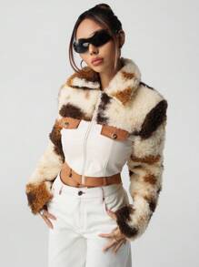 SHEIN ICON Women's Leather & Fur Patchwork Jacket, Autumn/Winter Cropped Jackets,Fall - Mocha Brown - View 6