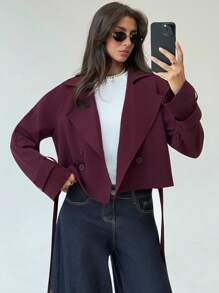 Aloruh 女士休闲通勤纯色双排扣风衣秋季女装秋季所有女装秋季女装秋季女装秋冬女装冬季女装冬季外套女返校节学校老师栗色短款风衣外套超短款气质显瘦深秋女神显瘦酒红色西装外套