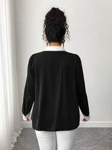 Elenzga بلوزة نسائية كبيرة الحجم بأكمام طويلة وياقة ربطة عنق بلون متباين