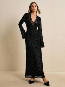 Poéselle Elegant Black Floral Lace Maxi Dress For Women,Autumn V Neck Long Sleeve Evening Gown,Gothic Formal Party Dining Dress,Vintage Inspired - Black - View 4