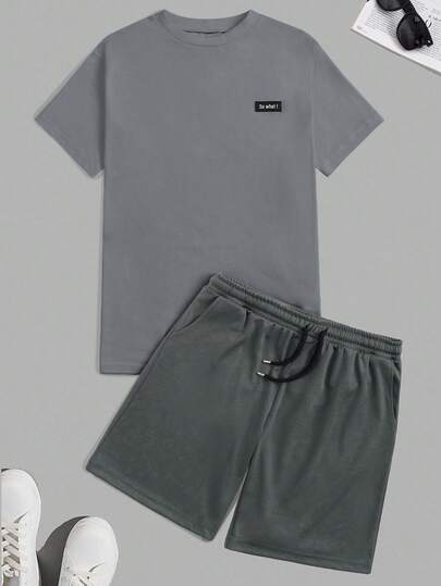 EURMUSE Herren Slogan Grafik Rundhals Kurzarm Lässig T-Shirt und Shorts mit Kordelzug Set