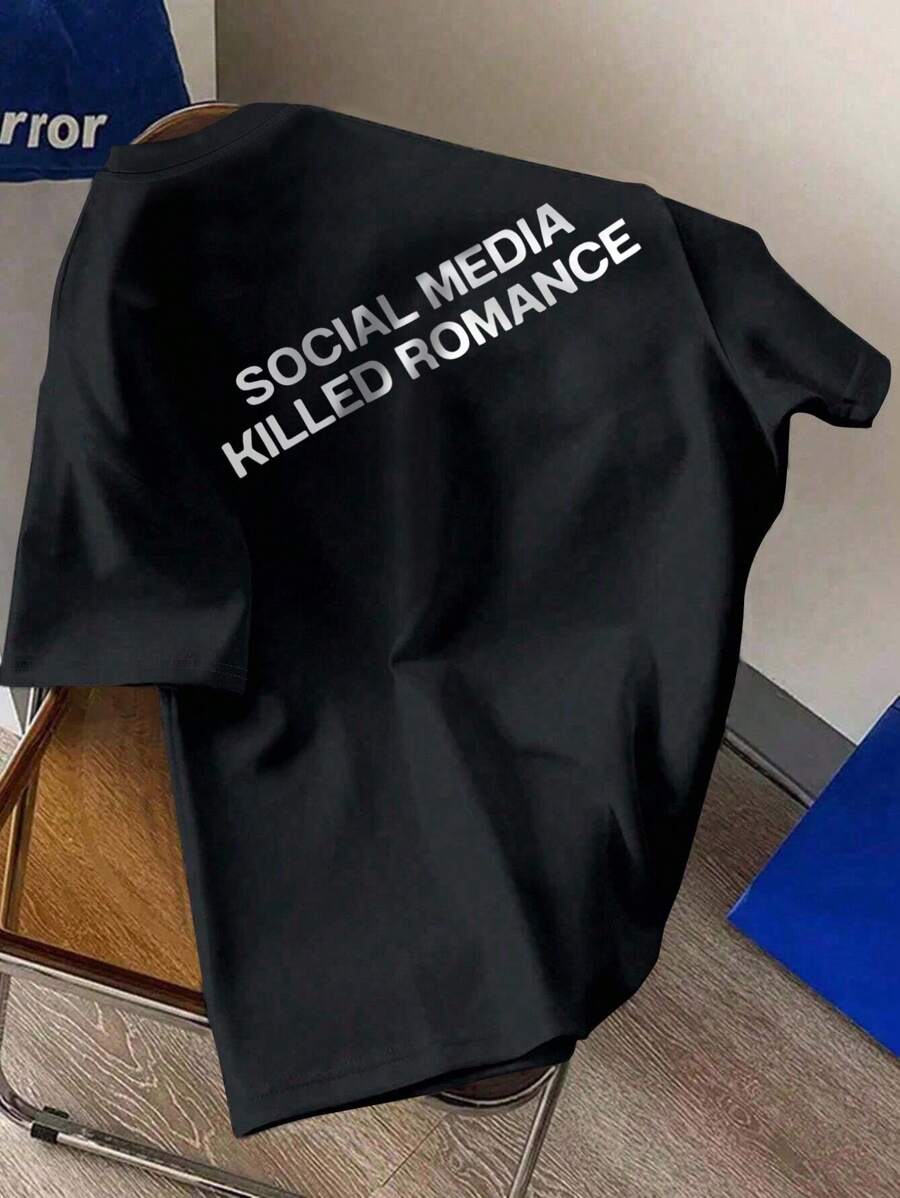 INAWLY Social Media Kills Romance' Graphic Print Round Neck Men's T-Shirt - Black - View 1