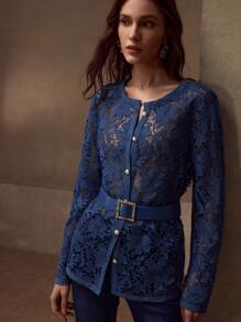 MOTF PREMIUM 女士蓝色镂空刺绣优雅束腰夹克 - 藍色 - 查看 4